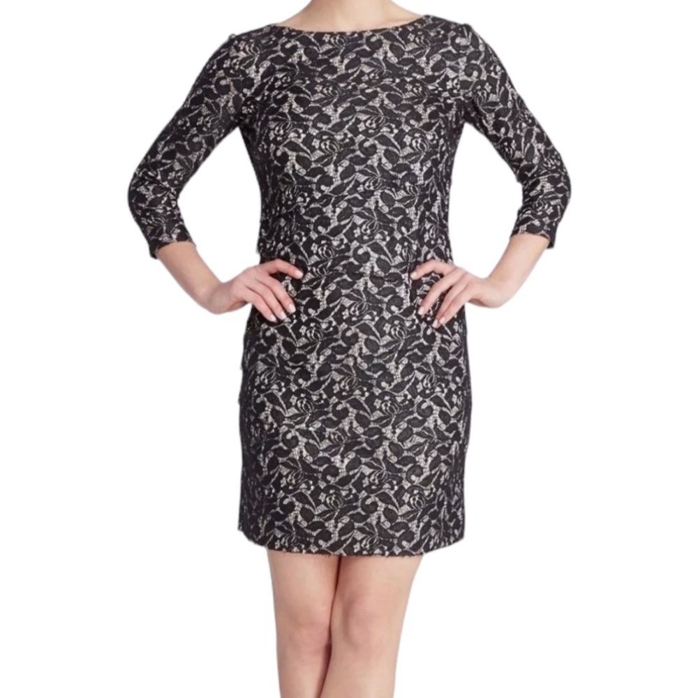 Tahari ASL Black Floral Lace with Cream Lining Tiered "Tracey" Sheath Dress - Picture 1 of 12